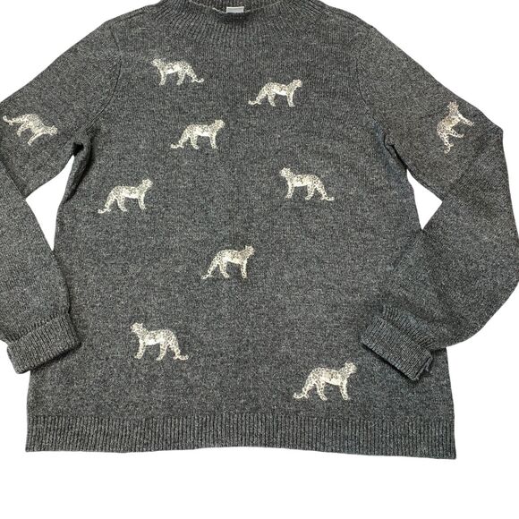 Chico's Sweater Women's S Gray Embroidered Cheetah Ribbed Sleeve & Hem Crew Neck - Picture 10 of 11